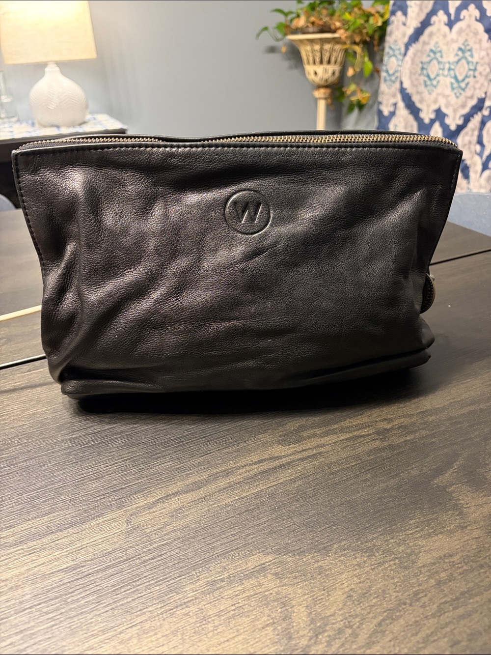 Wanderers Travel Co The Milano Black Leather Toiletries Bag Clutch EUC